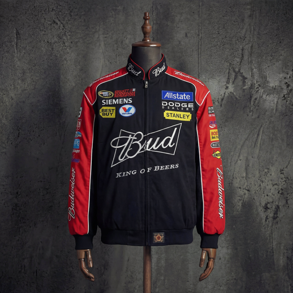 Budweiser Bud King Of Beers NASCAR Black Red Vintage Racing Jacket Embroidered Bomber