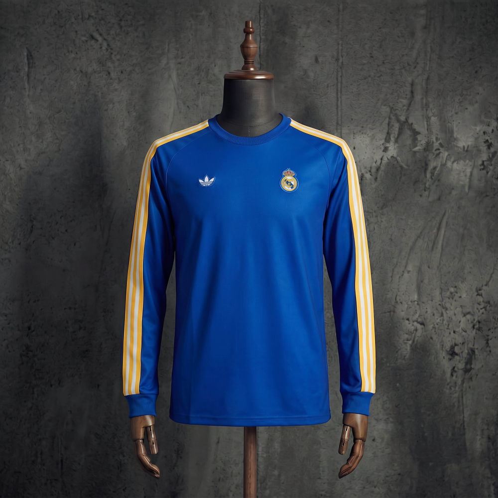 Real Madrid x Adidas Classic Retro Long Sleeve Football T-shirt Blue Size S-XXL