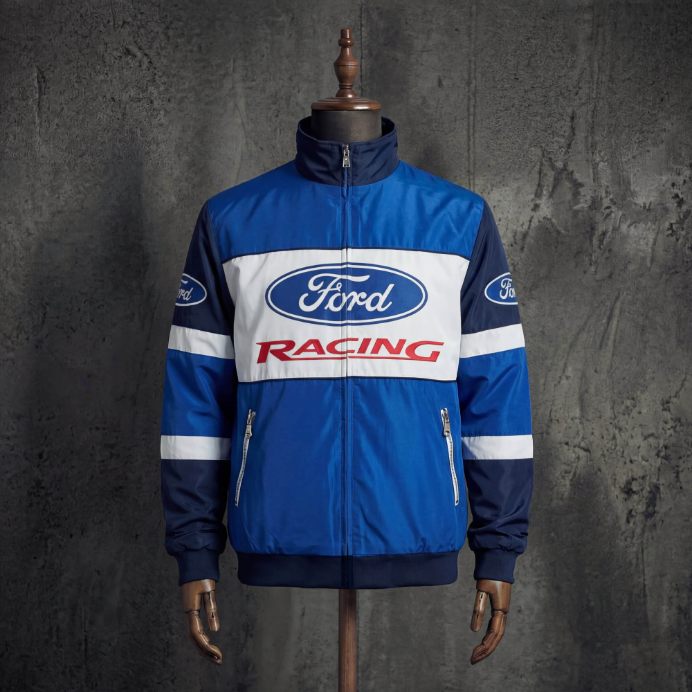 Ford Racing Blue White Vintage F1 Racing Jacket Embroidered Bomber