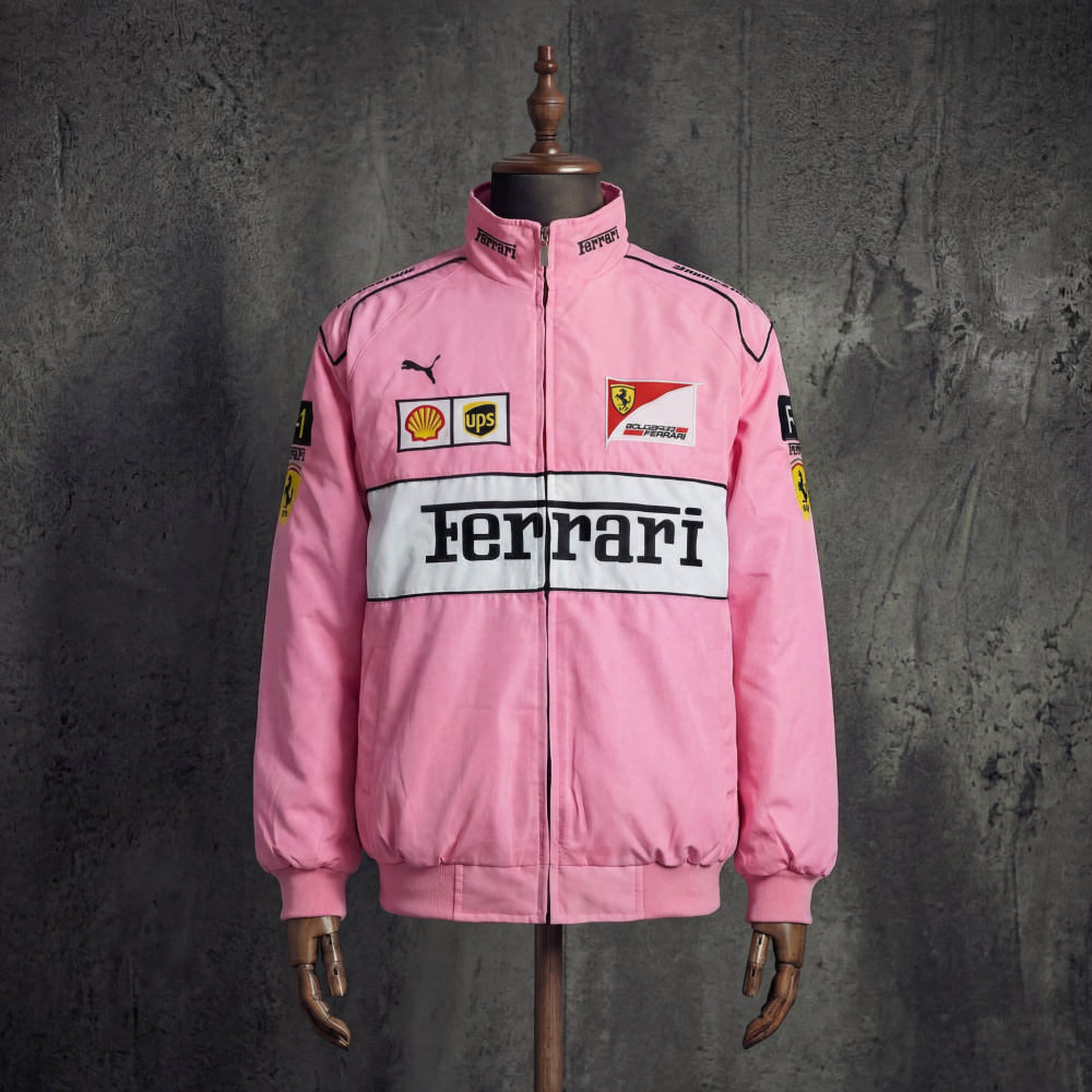 Ferrari Scuderia Puma Shell UPS Pink Vintage F1 Racing Jacket Embroidered Bomber