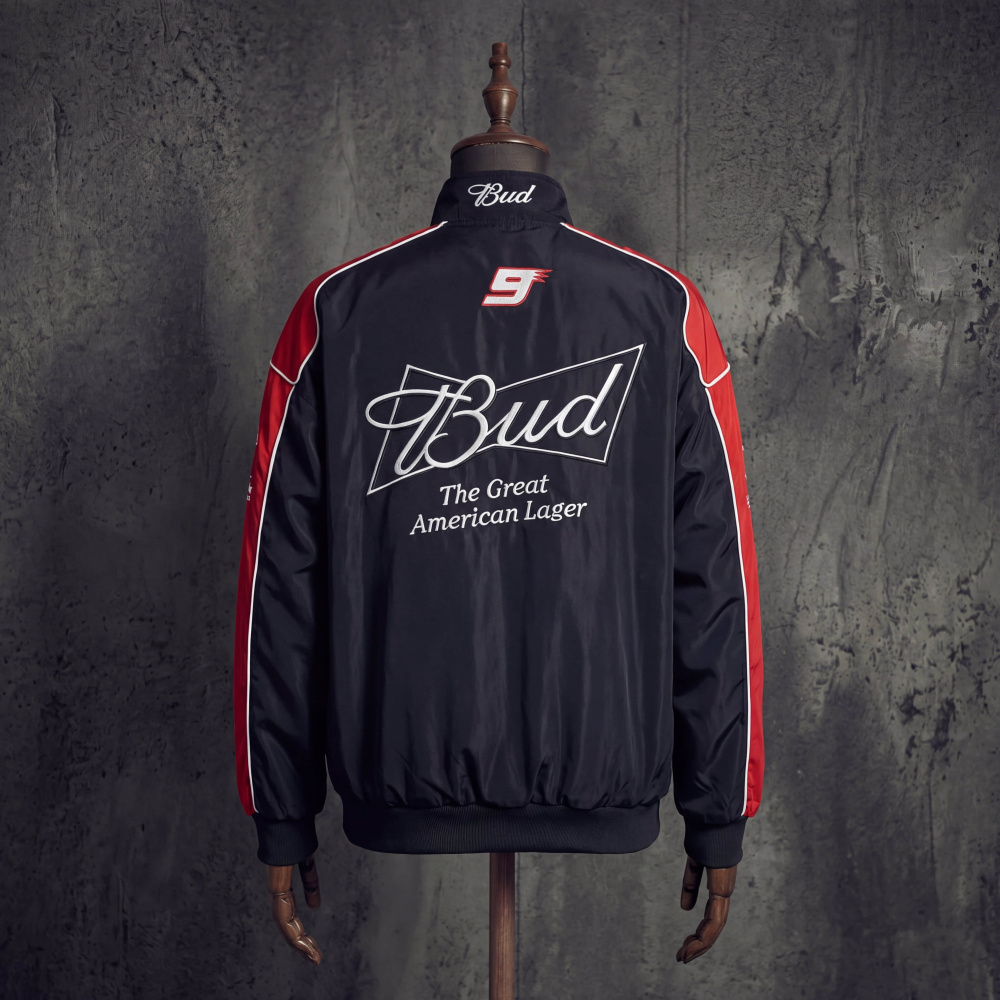 Budweiser Bud King Of Beers NASCAR Black Red Vintage Racing Jacket Embroidered Bomber