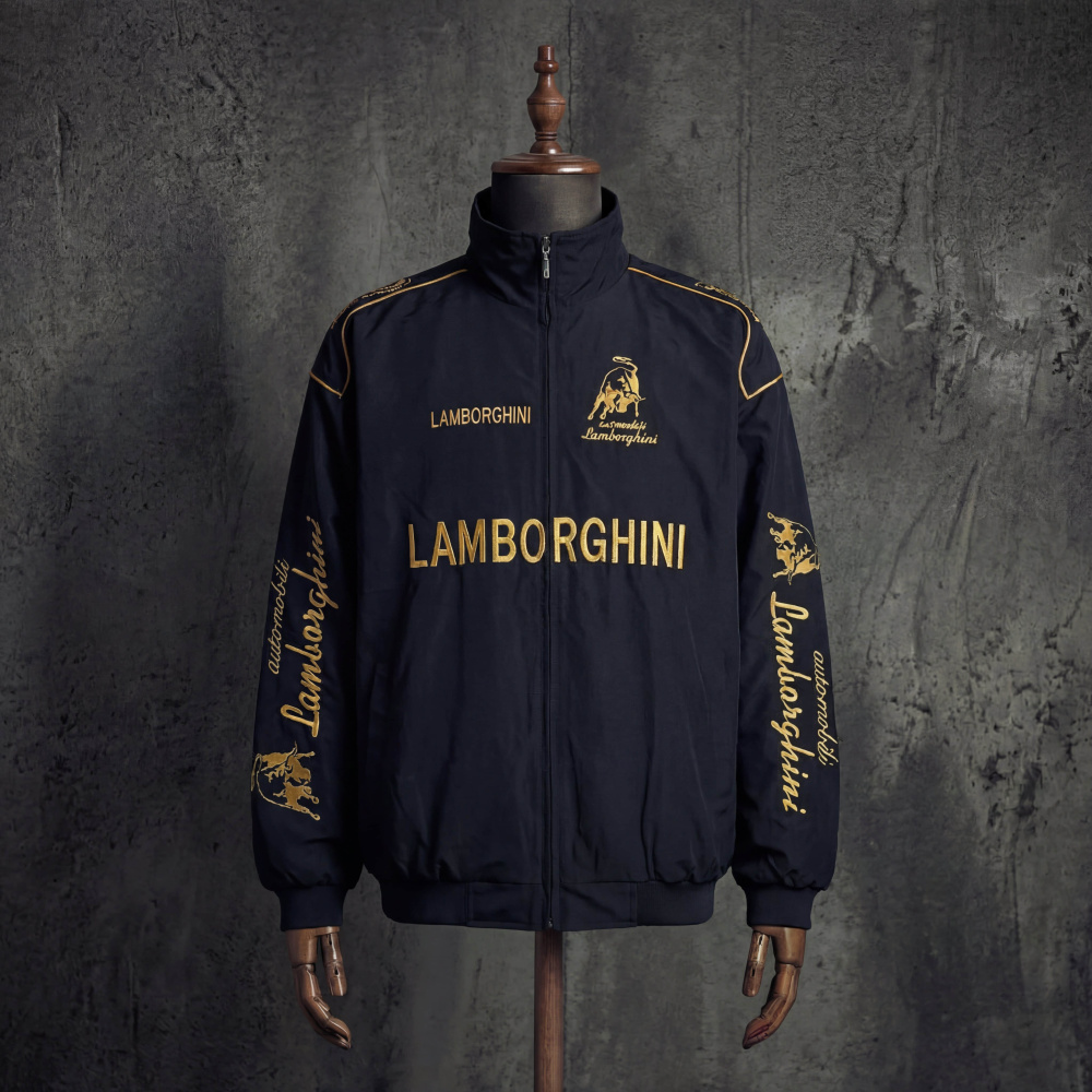 Lamborghini Automobili Vintage Racing Jacket Black Gold Embroidered Bomber