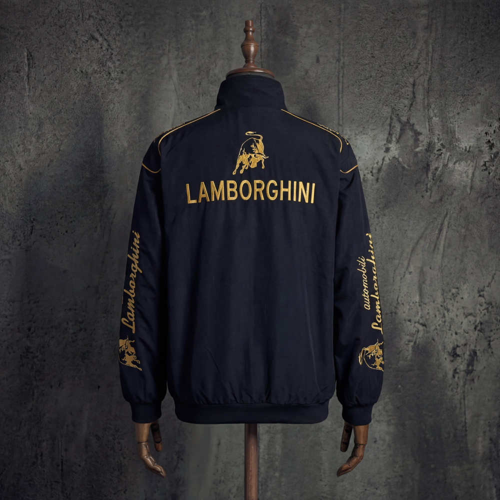 Lamborghini Automobili Vintage Racing Jacket Black Gold Embroidered Bomber