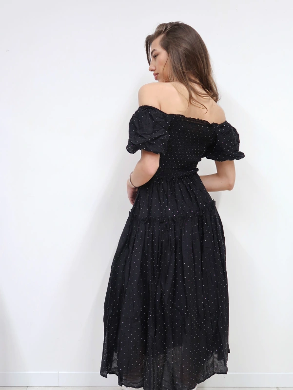 (2 pezzi) Abito lungo da donna a pois con spalle scoperte, adatto per vacanze e spiaggia.