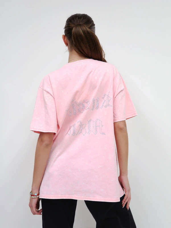T-shirt casual estiva oversize a spalla cadente con stampa a lettere.