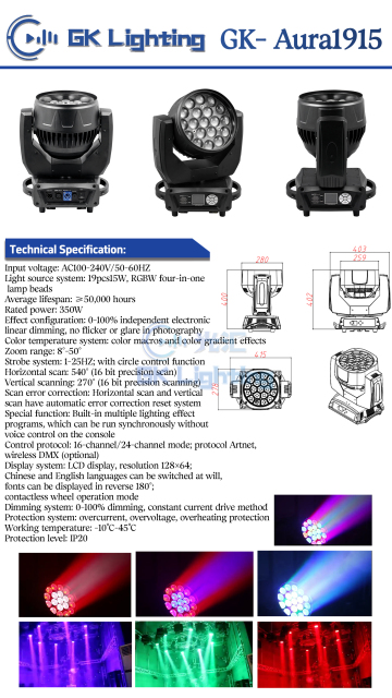 GK Lighting  GK-Aura1915 Best Aura 19*15 W Moving Head Wash Light RGBW 4 in1 Beam Wash Light with Backlight Zoom Function Stage Light for DJ Disco Bar