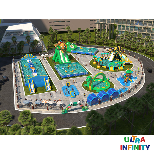 Kids and Adults outside inflatable water park pool inflatable water park on land