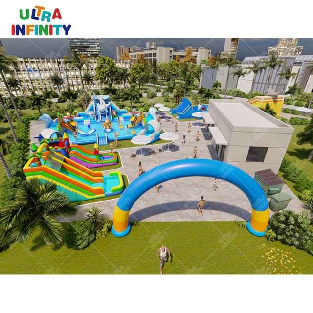 Outdoor shark theme water park inflatable pool slide toys ground water park inflatable land water amusement park commercial