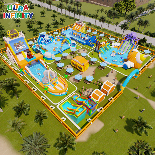 Inflatable Water Amusement Park Land Water Pool With Pirate Ship Slide Design