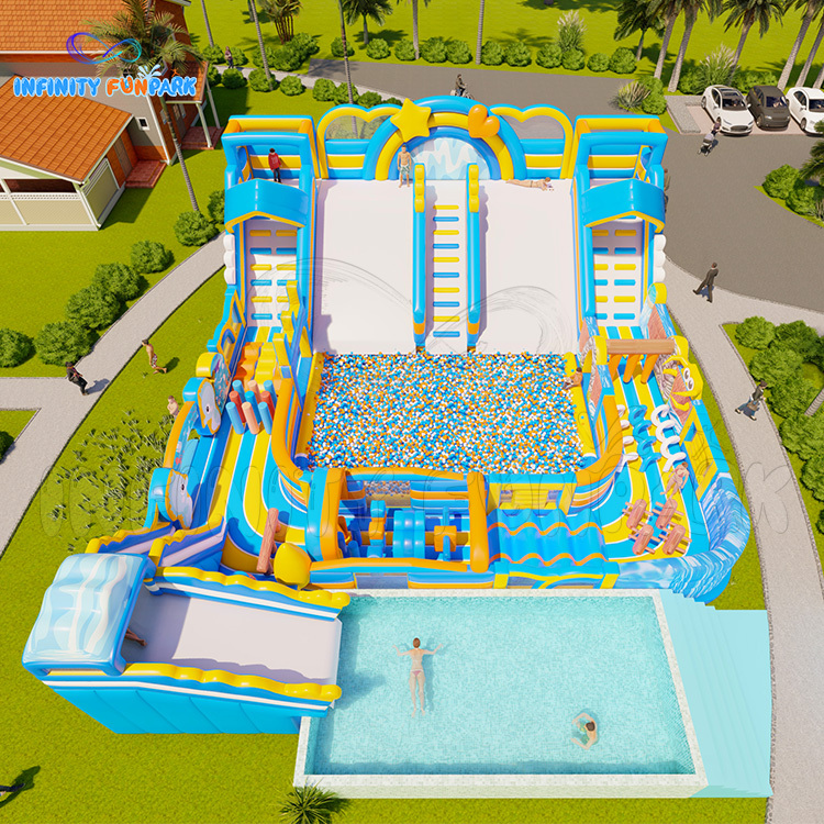 Tobogán largo con piscina de olas, parque infantil inflable de diversión al aire libre de verano para uso comercial