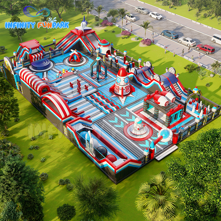 Space theme park: One large slide, One long obstacle, One leap n bound, One maze, One jumping game, etc.