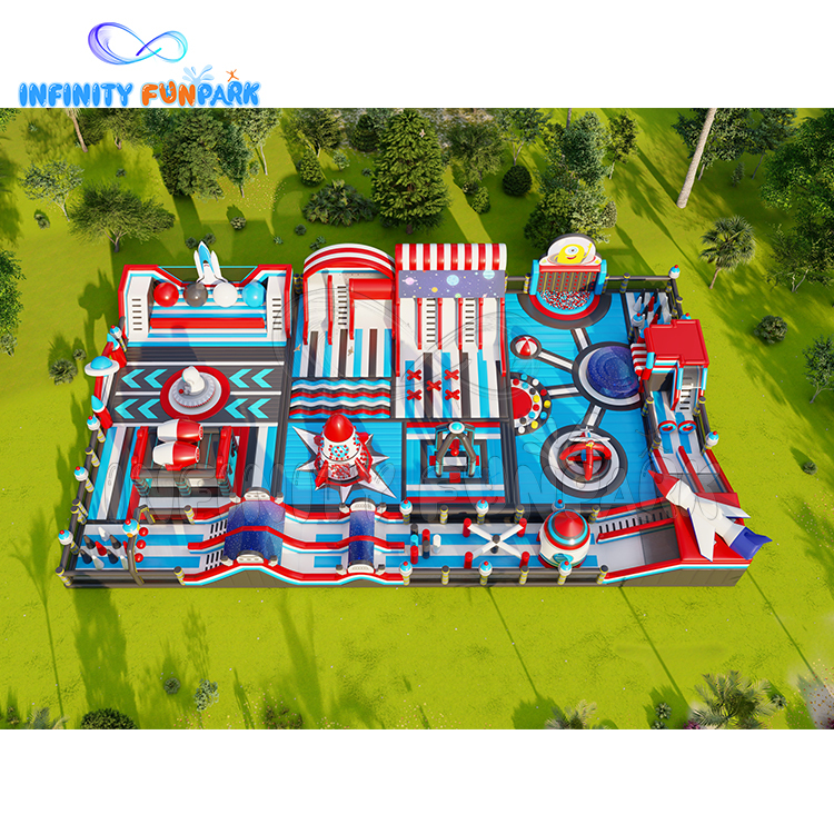 Space theme park: One large slide, One long obstacle, One leap n bound, One maze, One jumping game, etc.