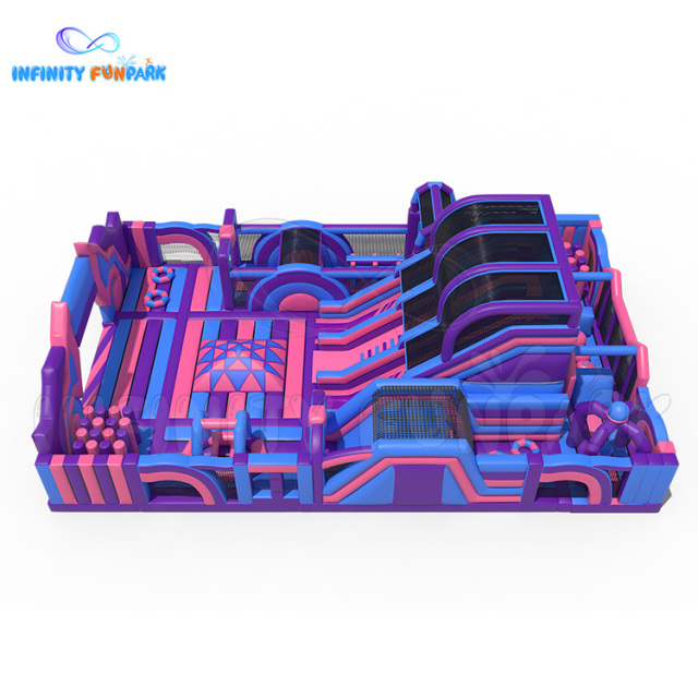 Inflatable theme park Large double slide One long obstacle One leap n bound One toddler area