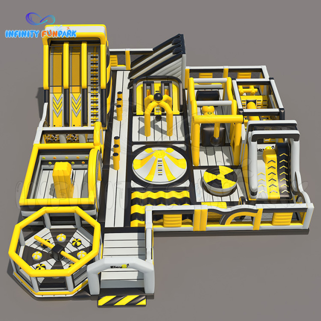 Indoor theme park: One large slide with ball pit, One landslip, One wipe out, One slam dunk, One obstacle, One clap hand game.