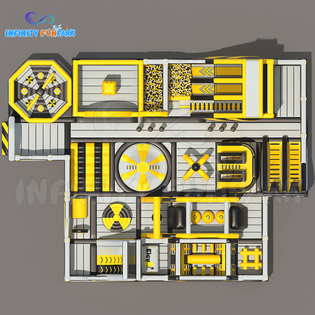 Indoor theme park: One large slide with ball pit, One landslip, One wipe out, One slam dunk, One obstacle, One clap hand game.