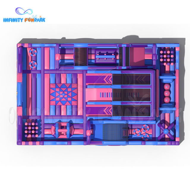 Inflatable theme park Large double slide One long obstacle One leap n bound One toddler area