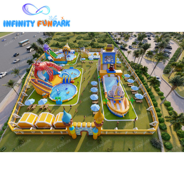 Pirate Ship Theme Water Park On Ground Inflatable Amusement Water Games Pool With Slide