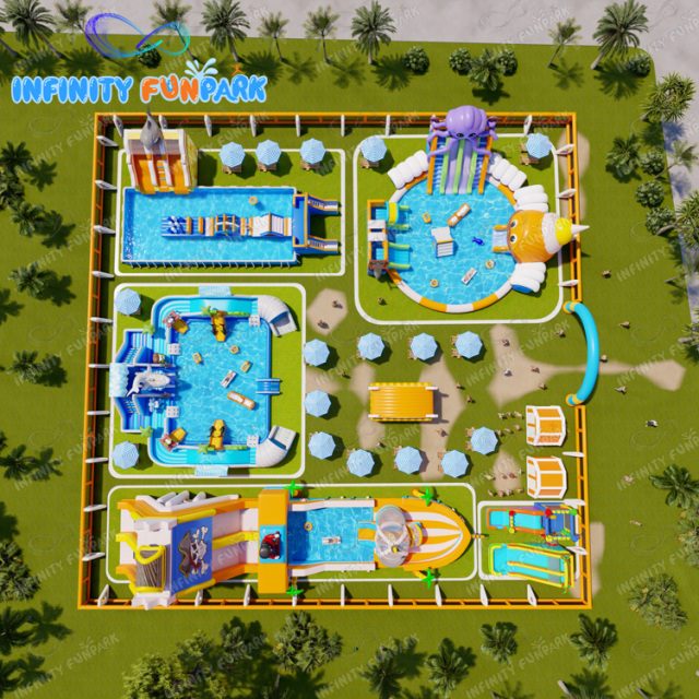 Inflatable Water Amusement Park Land Water Pool With Pirate Ship Slide Design