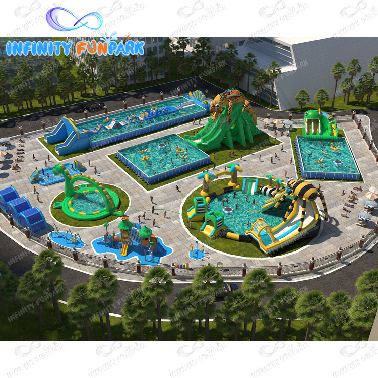Niños y adultos fuera del parque acuático inflable piscina parque acuático inflable en tierra
