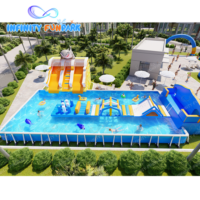 Outdoor shark theme water park inflatable pool slide toys ground water park inflatable land water amusement park commercial