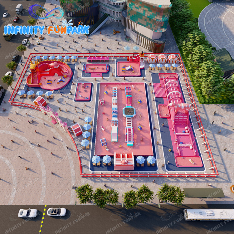 Pink theme waterpark kids and Adults outside inflatable water park pool inflatable water park on land