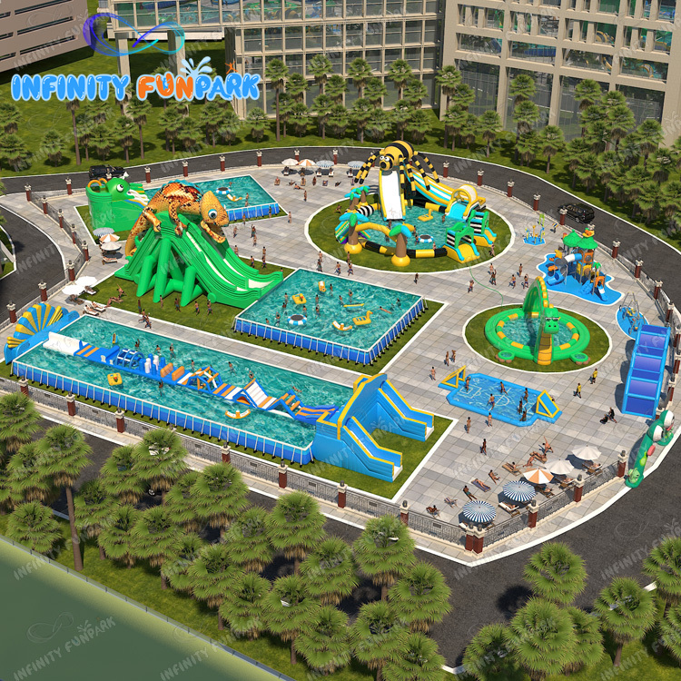Niños y adultos fuera del parque acuático inflable piscina parque acuático inflable en tierra