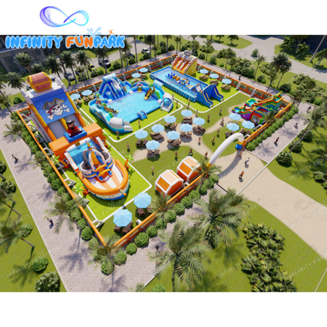 Movable land water park land swimming pool captin inflatable slide combo, customizable