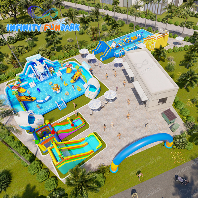 Outdoor shark theme water park inflatable pool slide toys ground water park inflatable land water amusement park commercial