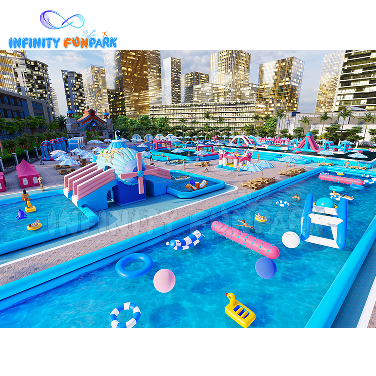 Blue theme inflatable land water park