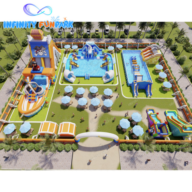 Movable land water park land swimming pool captin inflatable slide combo, customizable