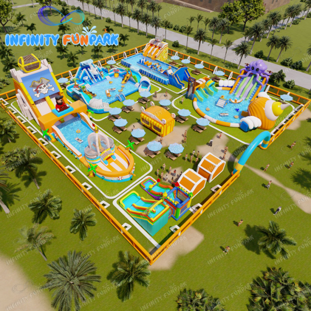 Inflatable Water Amusement Park Land Water Pool With Pirate Ship Slide Design