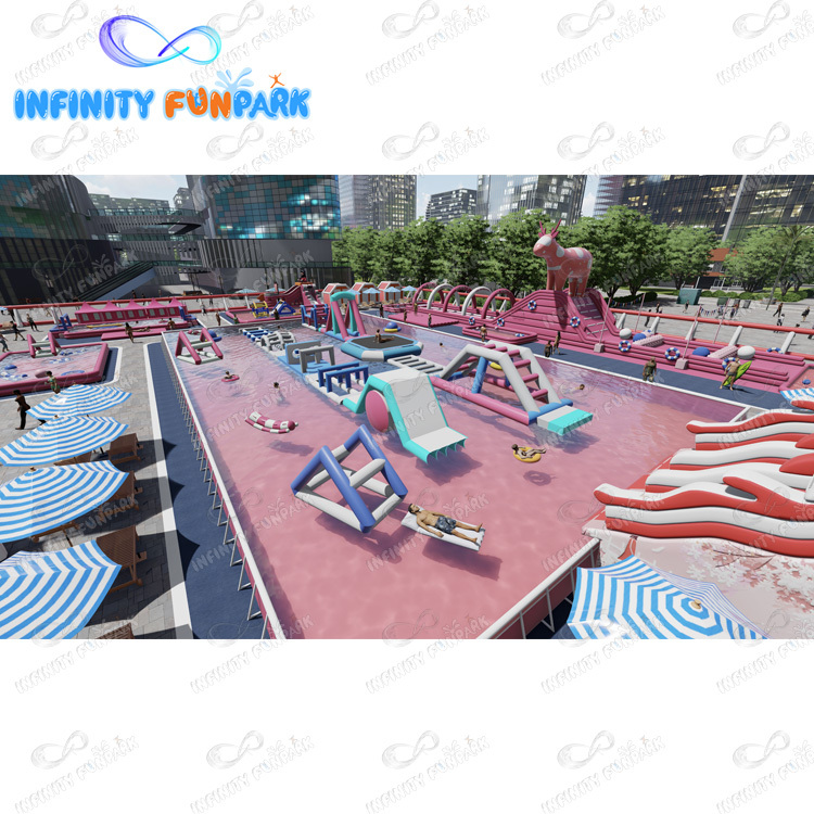 Pink theme waterpark kids and Adults outside inflatable water park pool inflatable water park on land
