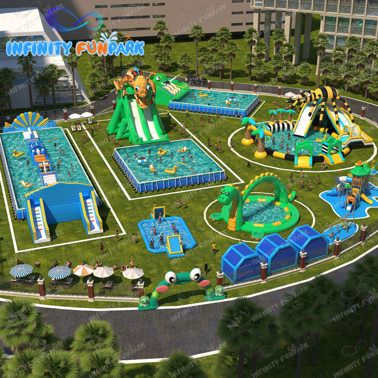 Niños y adultos fuera del parque acuático inflable piscina parque acuático inflable en tierra