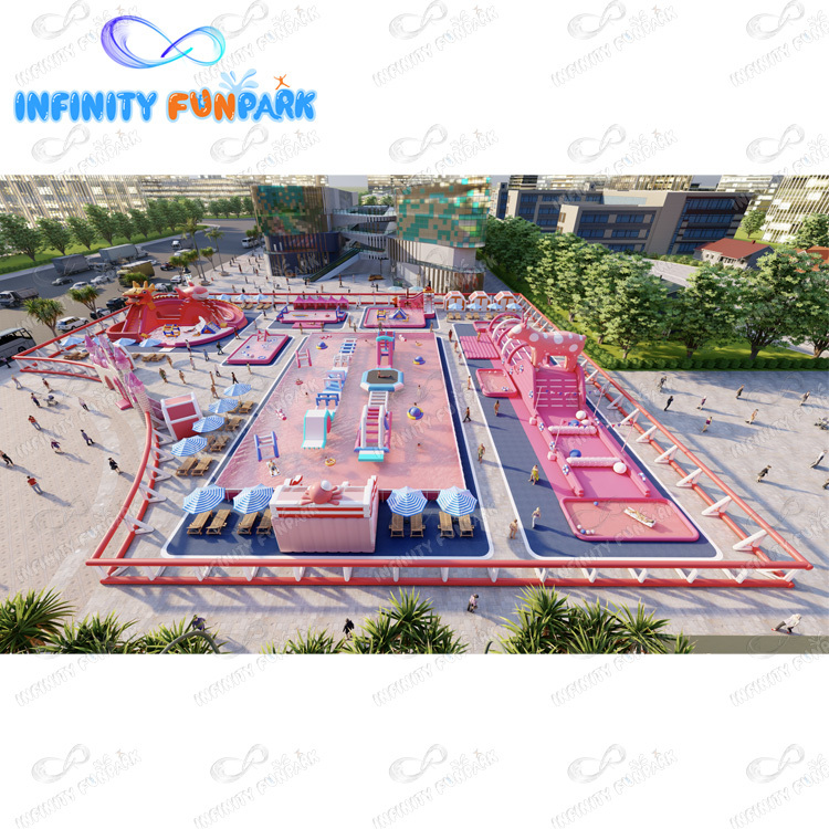 Pink theme waterpark kids and Adults outside inflatable water park pool inflatable water park on land