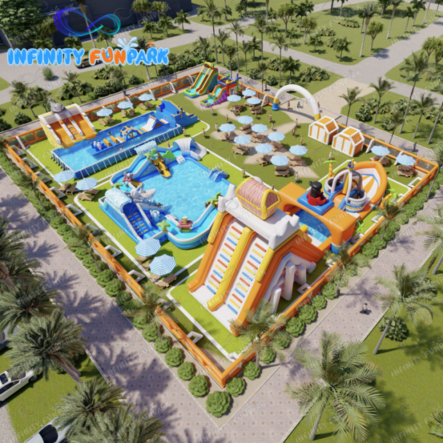 Movable land water park land swimming pool captin inflatable slide combo, customizable