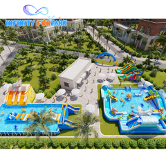 Outdoor shark theme water park inflatable pool slide toys ground water park inflatable land water amusement park commercial