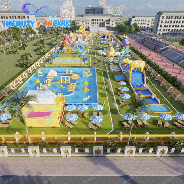 Inflatable Amusement Park Land Water Games Park Swimming Pool With Pirate Ship Slide