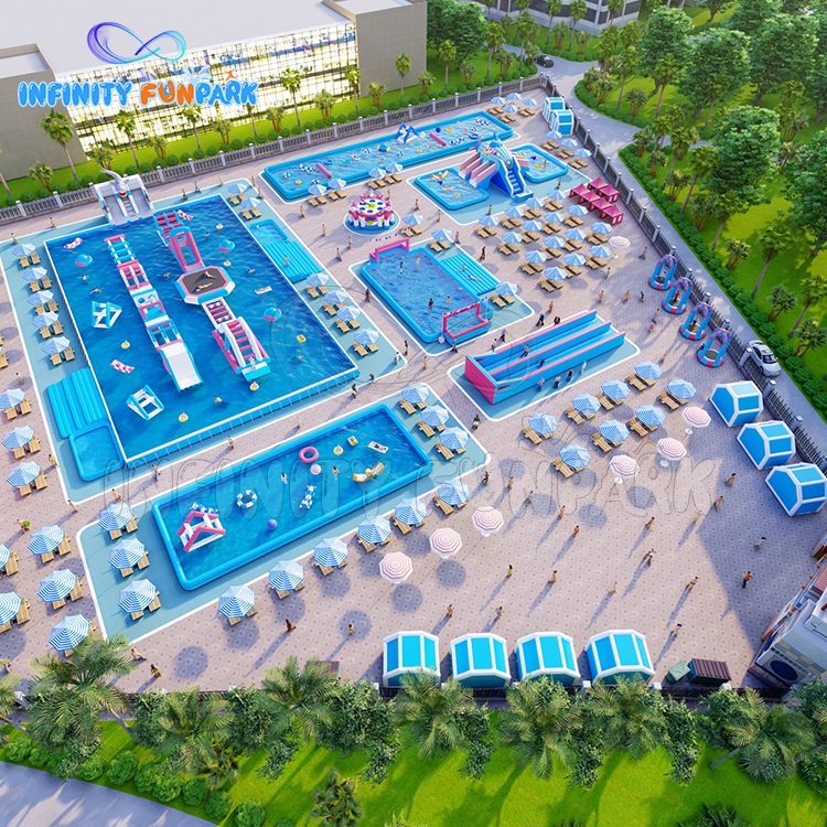 Blue cool inflatable water theme park pools swimming outdoor slide inflatable water park for sale