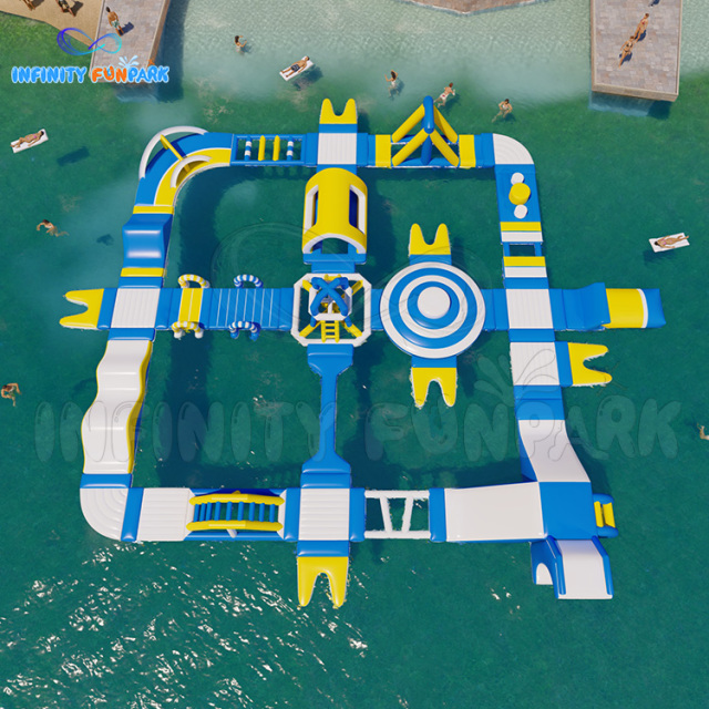 Summer inflatable floating lake water park outdoor beach with funny games
