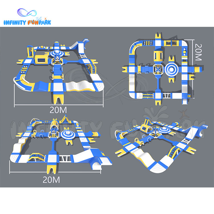 Summer inflatable floating lake water park outdoor beach with funny games