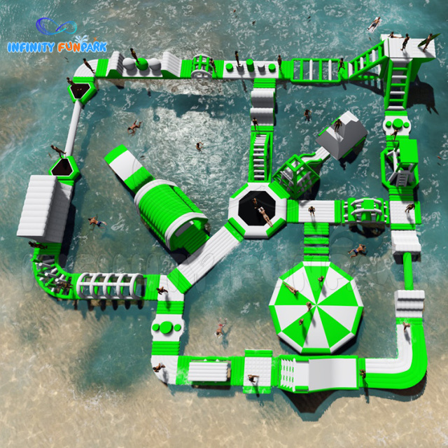 White Green Theme floating inflatable lake park