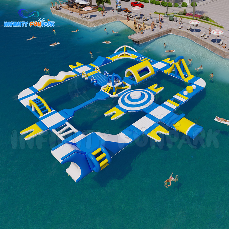 Summer inflatable floating lake water park outdoor beach with funny games