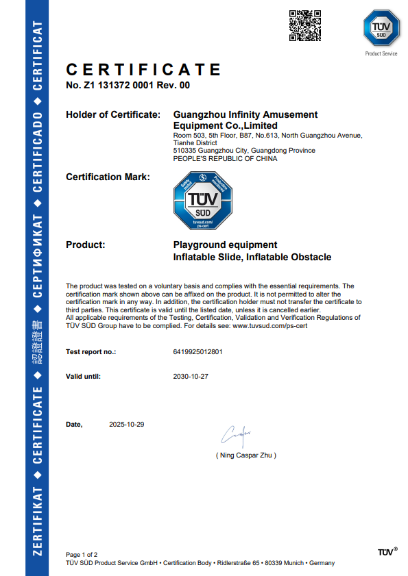 TÜV SÜD Certificate No. Z1 131372 0001 - Infinity Funpark