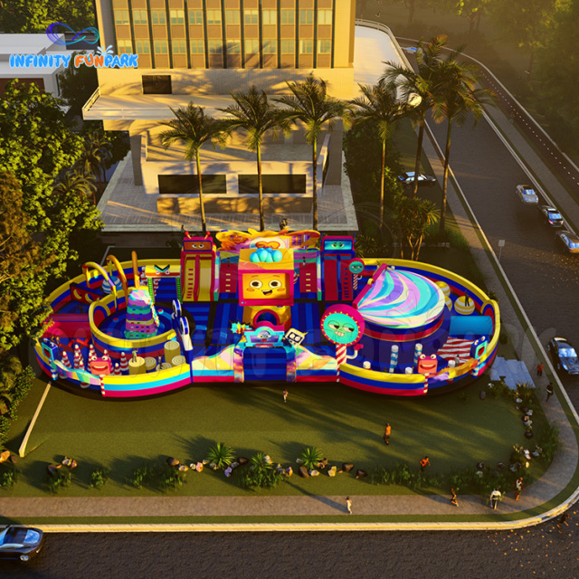 Whimsical Candy Inflatable Park with Lollipop Swirl Dome & Smile Blocks