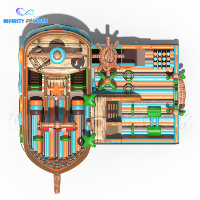 Fabulous Pirate Inflatable Park with Wood-Textured Ship Deck & Helm Obstacle