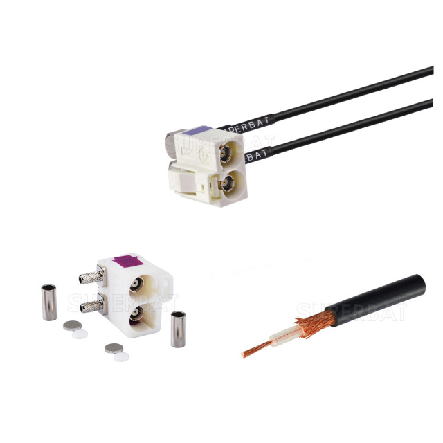 Fakra double Right angle Jack for RG174 custom cable assemblies
