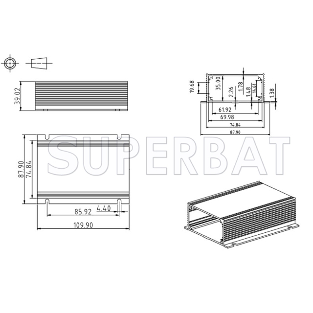Aluminum Enclosure Case Tube with Flange 74mm*38mm*110mm（W*H*L）