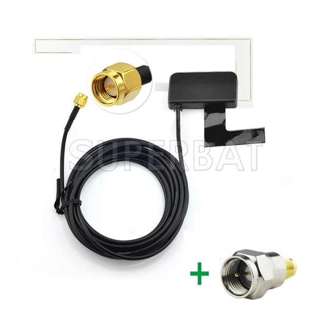 DAB/DAB+ car radios Aerial of Amplified Internal glass mount and SMA to F Adapter
