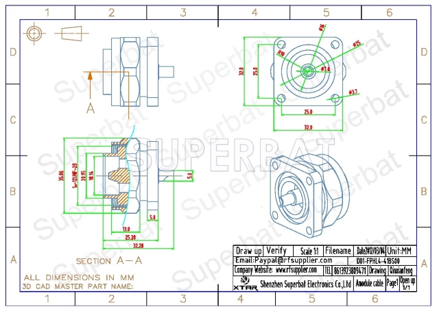 7/16 DIN Plug Male Connector Straight 4 Hole Flange Solder