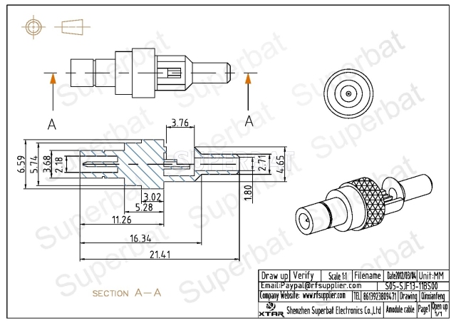 SMB Male Jack Straight RF Coax Connector Solder for 1.13 Cable
